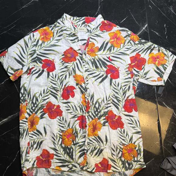 Reserva Other - Reserva Men's White Tropical Hibiscus Floral Short Sleeve Linen Shirt